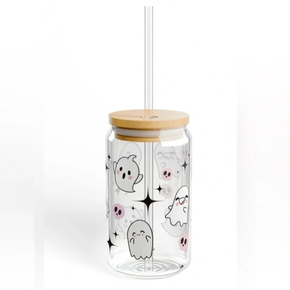 NWT Halloween themed glass tumbler cup with bamboo lid and straw 16oz unused